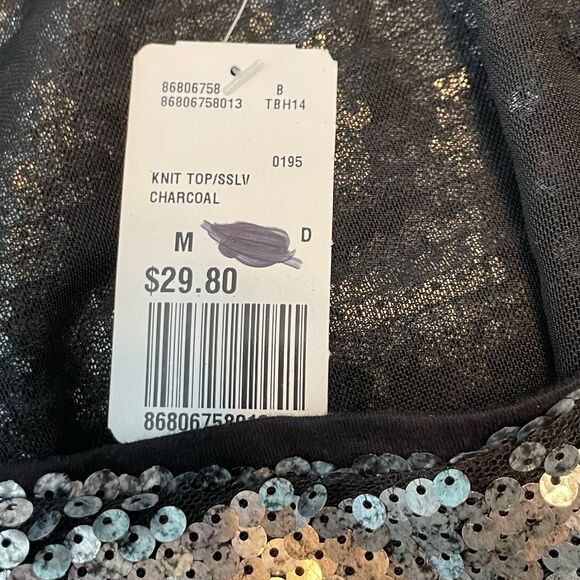 Forever 21 Sequin Tee Black Charcoal Mesh Knit Cropped Short Sleeve Round Neck M - Picture 5 of 6